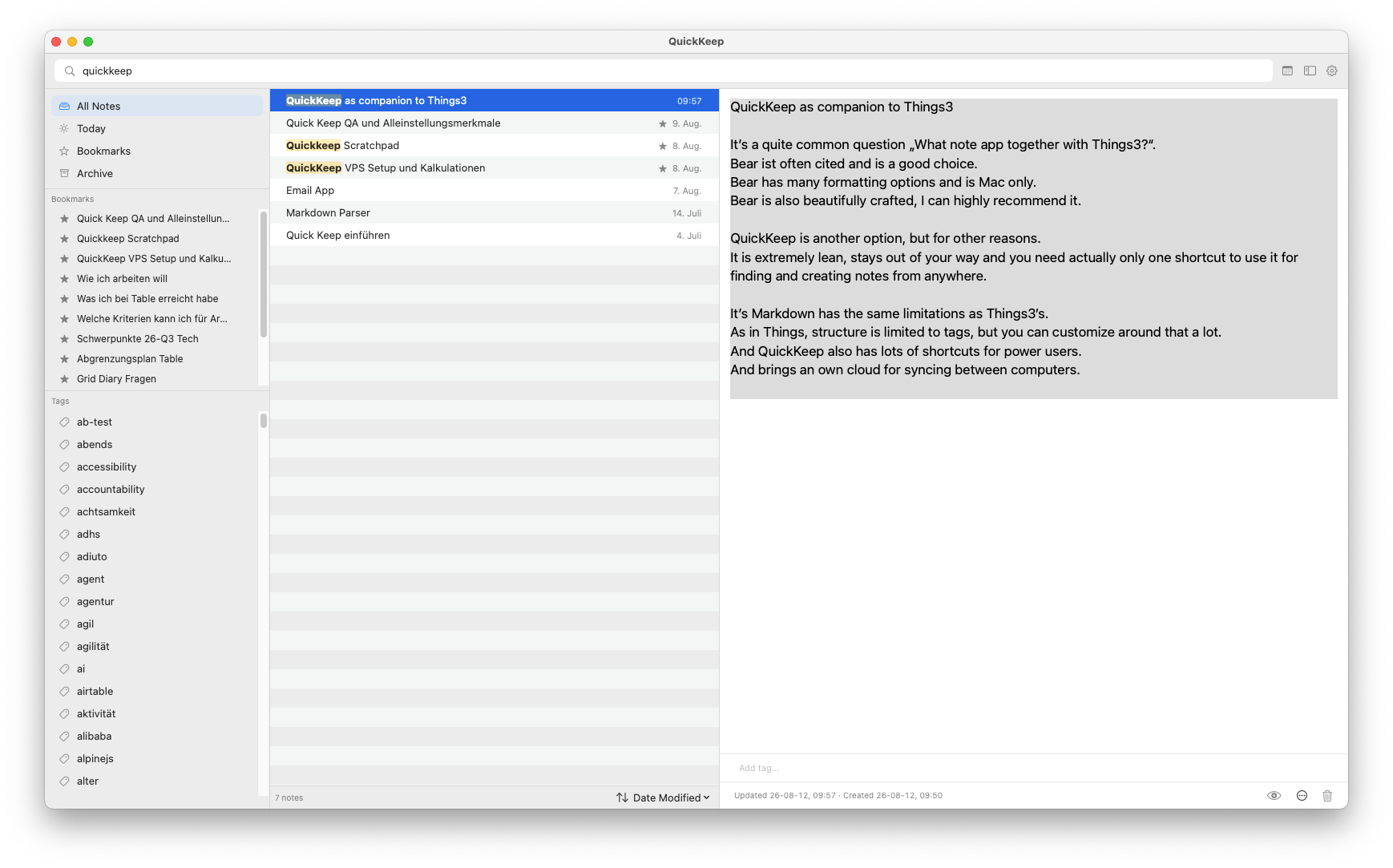 Let Notes showing a searchable notes list, tags, and a selected note
